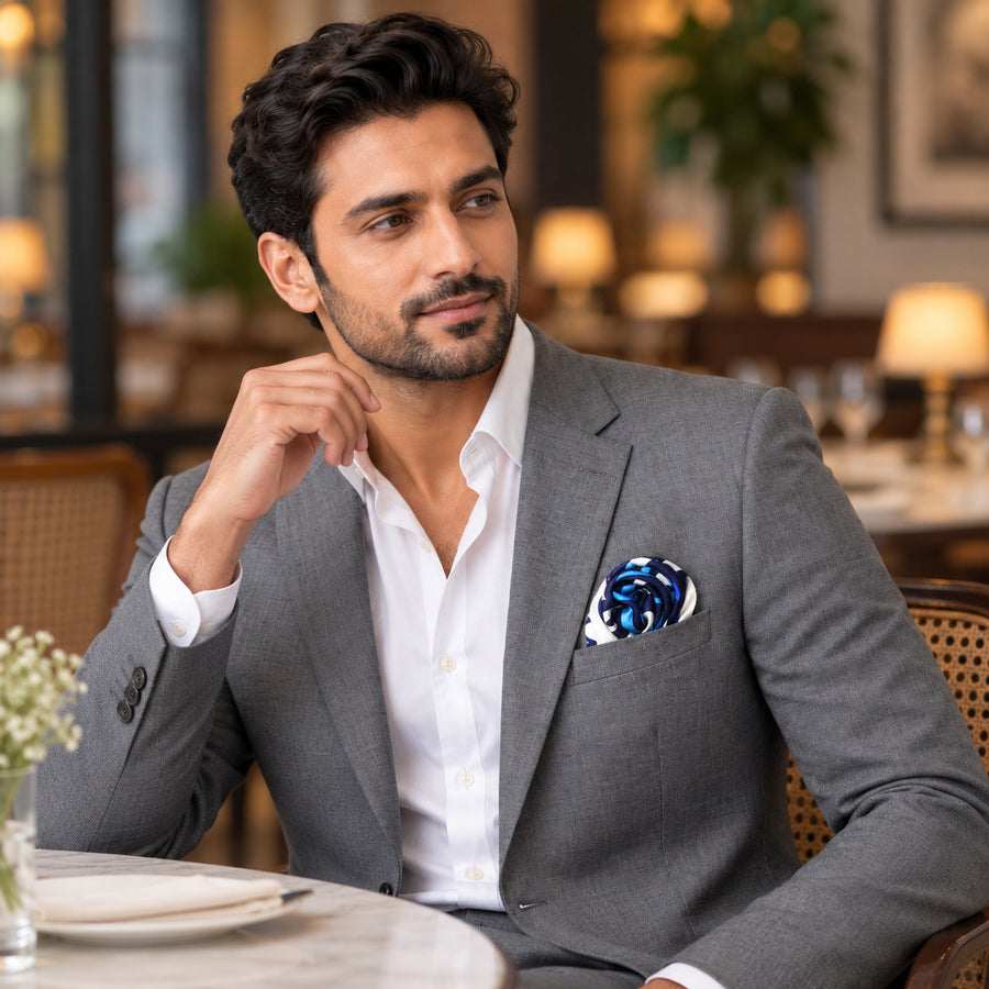 Turkish Floral pocket square — restaurant lifestyle.