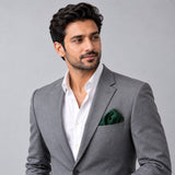 Deep Green pocket square — model · light grey and open collar.