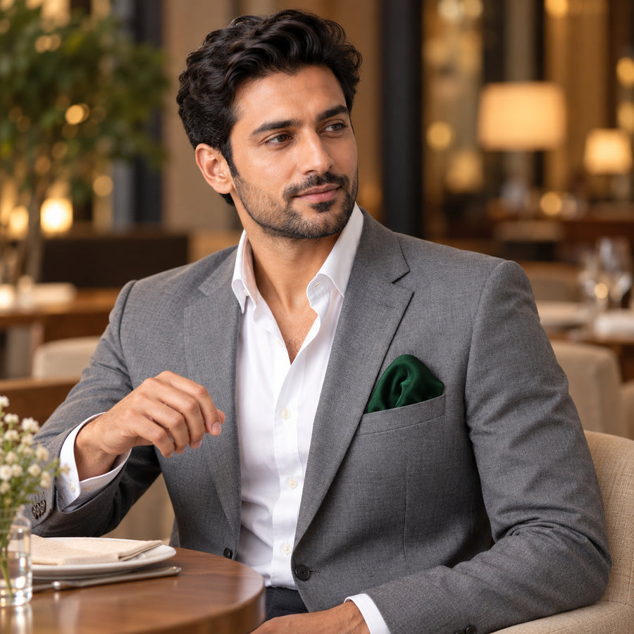 Deep Green pocket square — restaurant lifestyle.