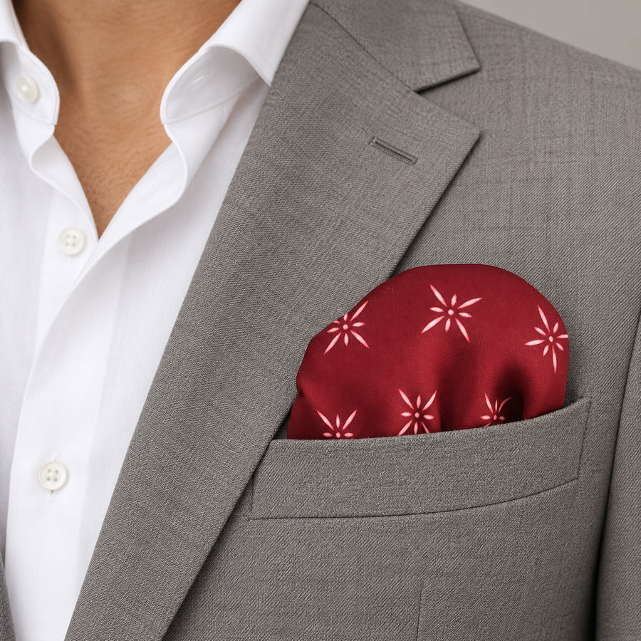 Twinkle Maroon pocket square — light jacket · wearing detail.