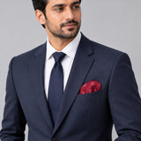 Twinkle Maroon pocket square — formal model · navy and tie.