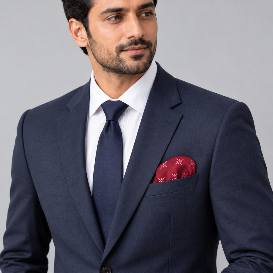 Twinkle Maroon pocket square — formal model · navy and tie.