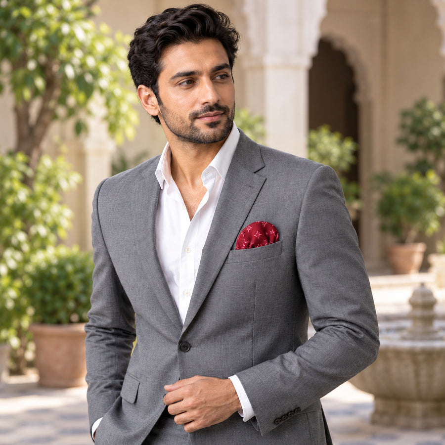 Twinkle Maroon pocket square — outdoor lifestyle.