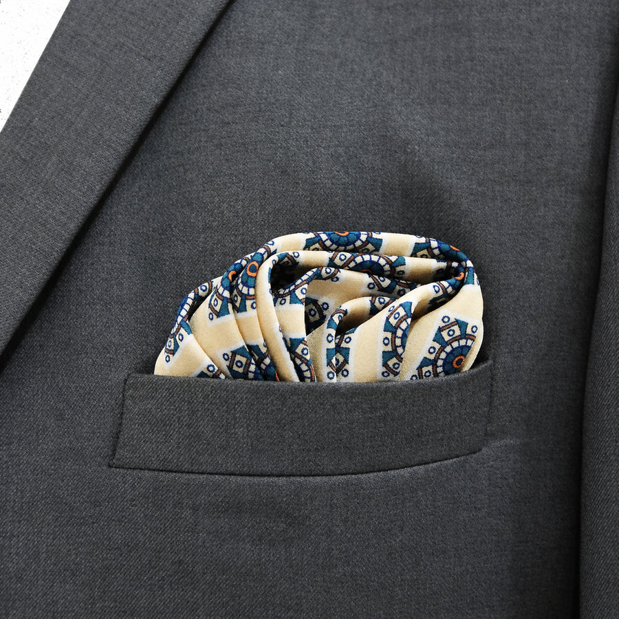 Ukrainian Folk Art pocket square — close-up wearing detail.
