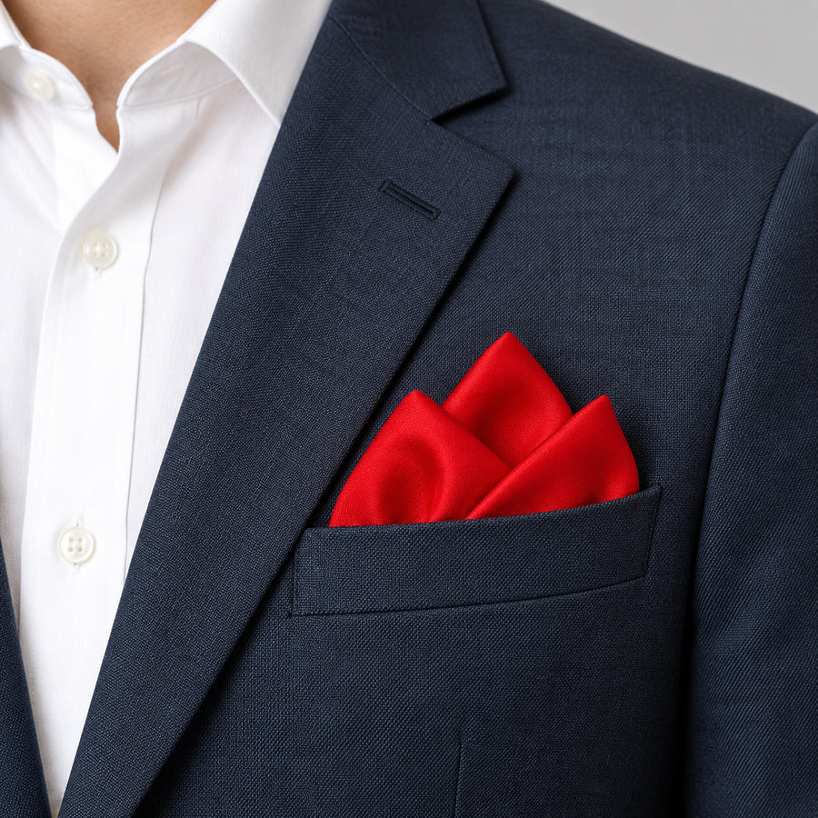 Valentine Red pocket square — navy jacket · alternate fold.