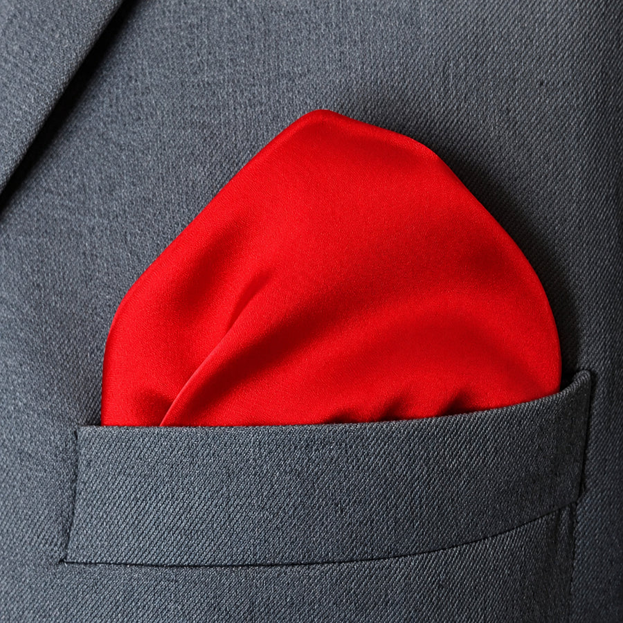 Valentine Red pocket square — close-up wearing detail.