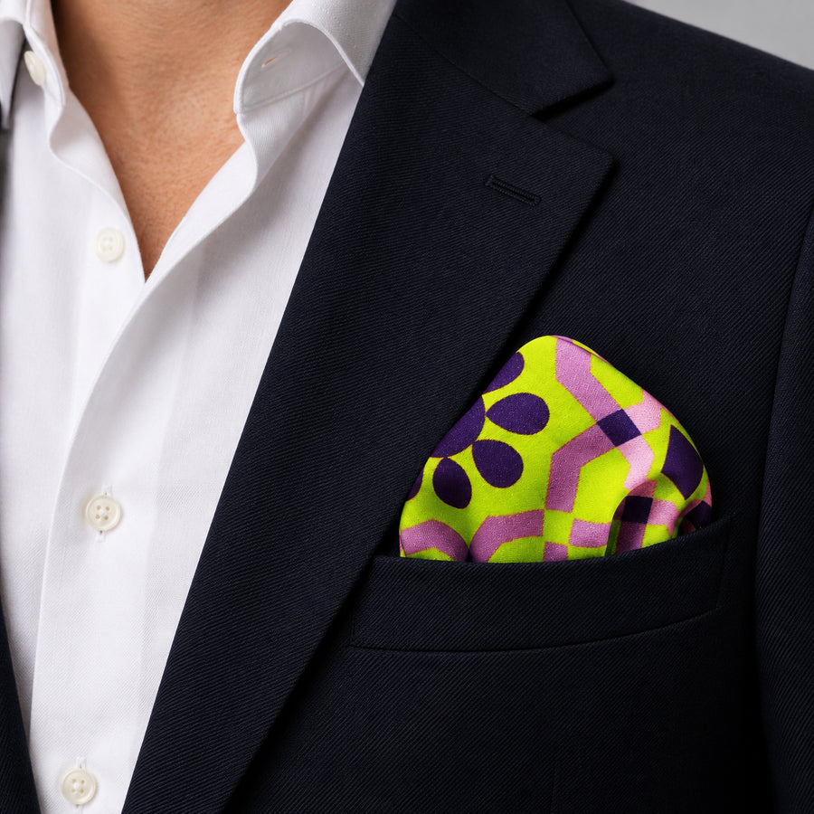 Weaving Pattern pocket square — navy jacket · wearing detail.