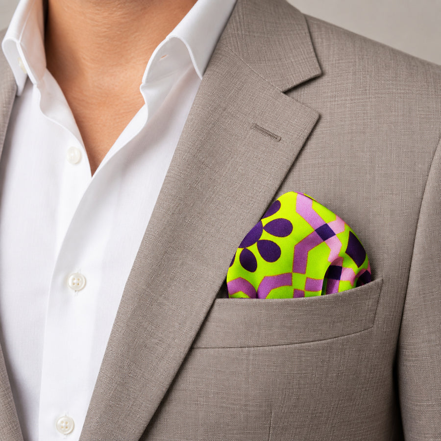 Weaving Pattern pocket square — light jacket · wearing detail.