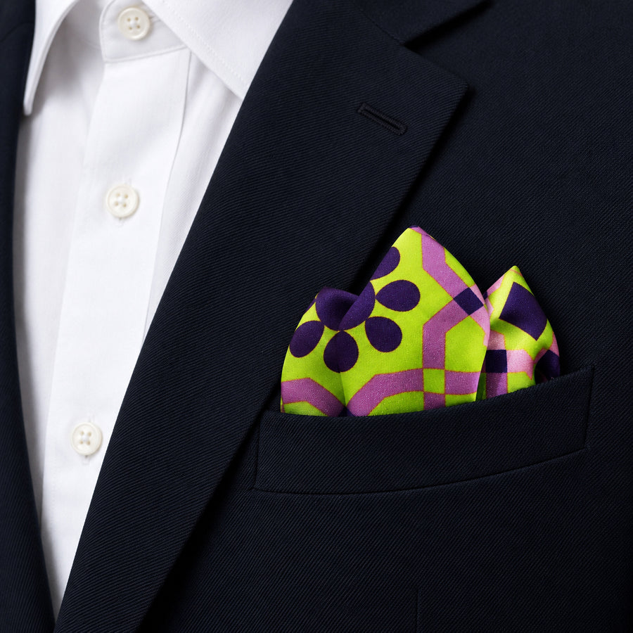 Weaving Pattern pocket square — navy jacket · alternate fold.