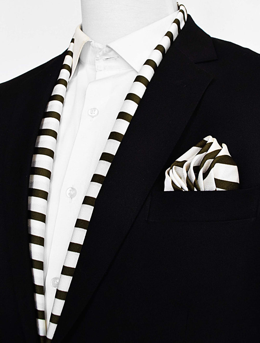 White & Green Stripes Silk Scarf & Pocket Square Set - Combo Sets | Monzoro Pakistan