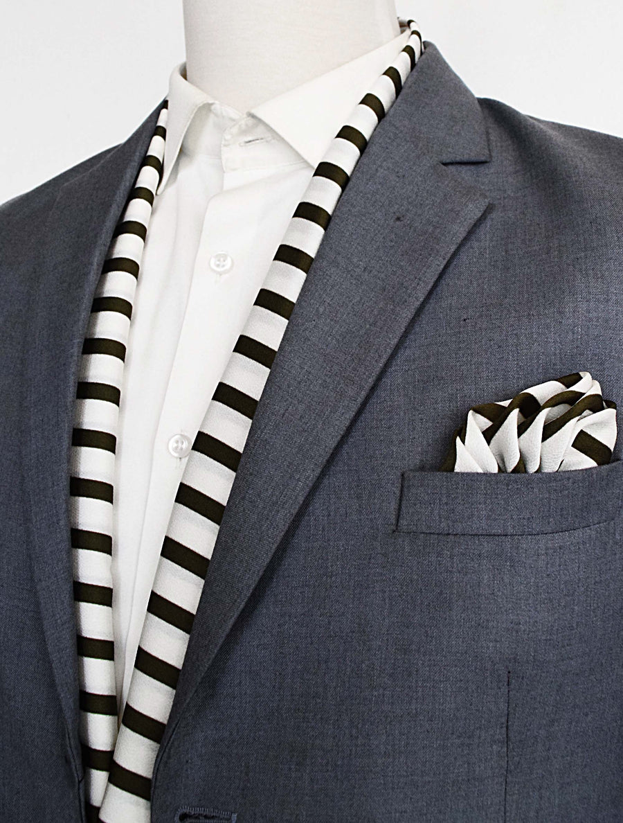 White & Green Stripes Silk Scarf & Pocket Square Set - Combo Sets | Monzoro Pakistan