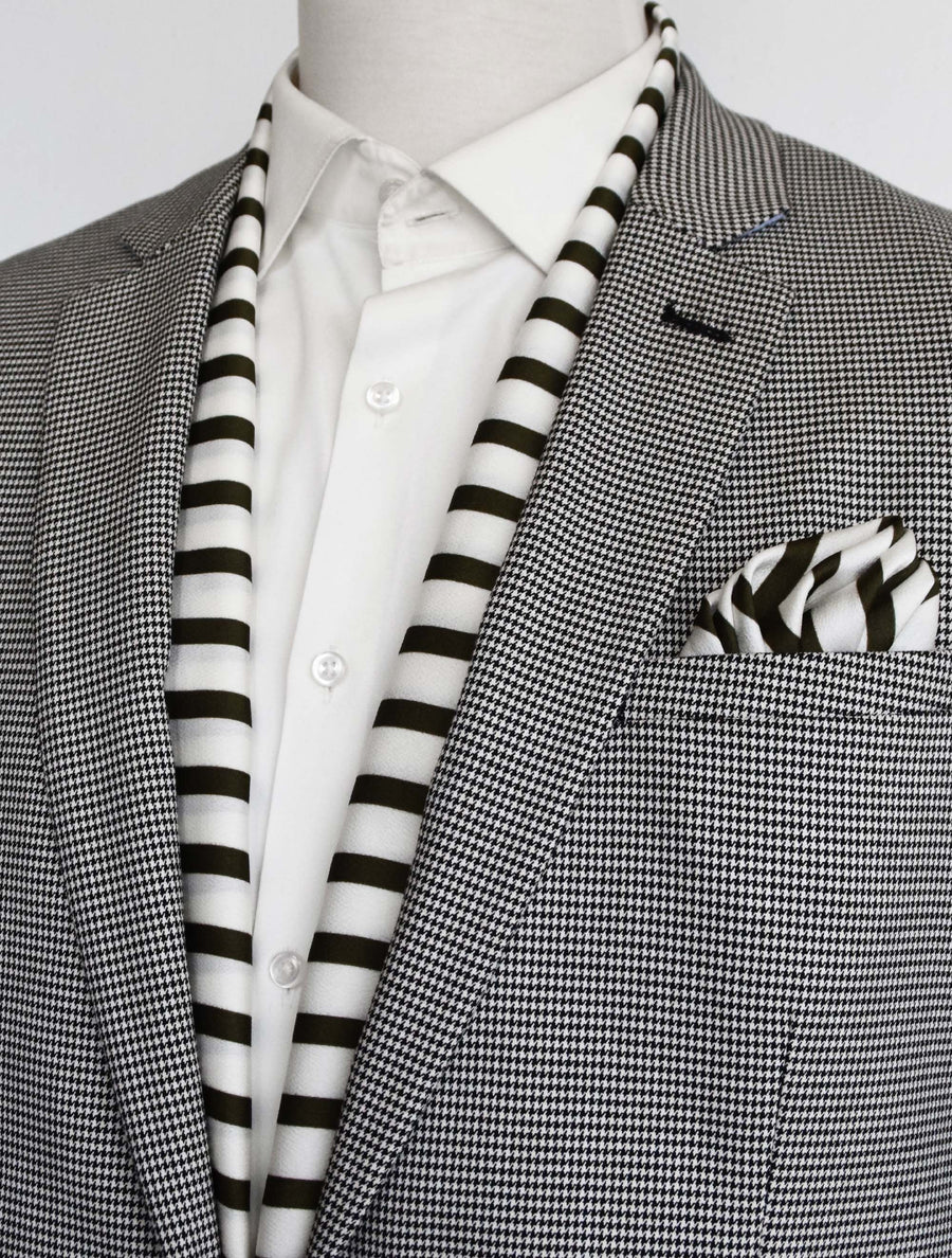 White & Green Stripes Silk Scarf & Pocket Square Set - Combo Sets | Monzoro Pakistan