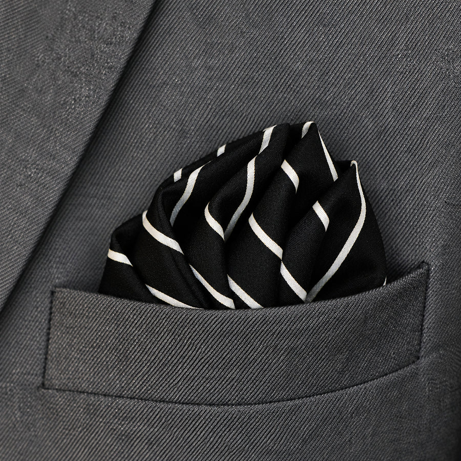 White Cane Crow pocket square — close-up wearing detail.