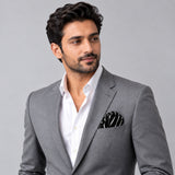 White Cane Crow pocket square — model · light grey and open collar.