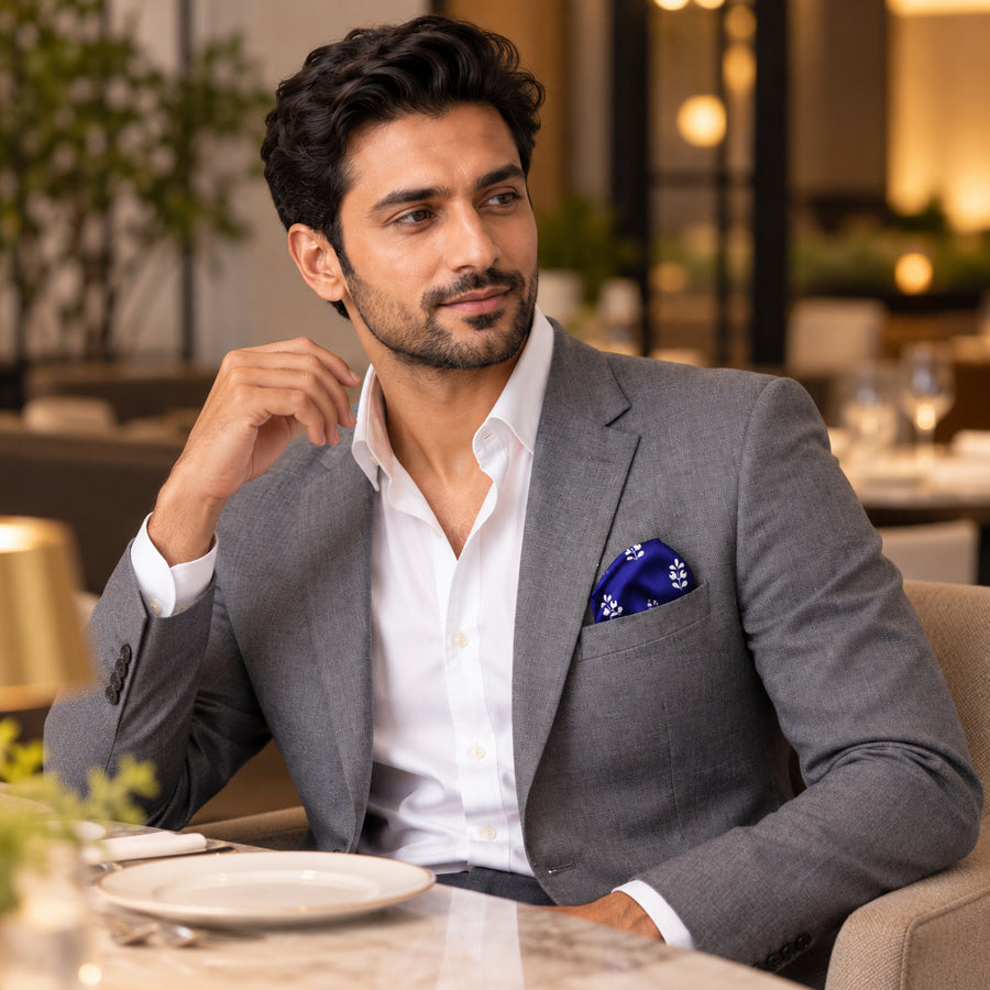 White Conifer pocket square — restaurant lifestyle.