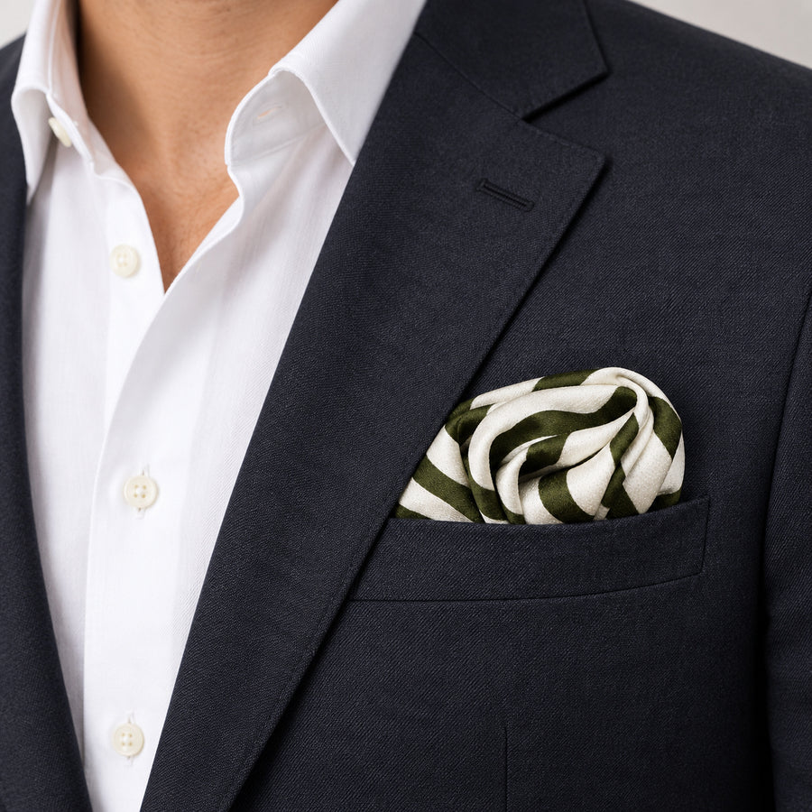 White & Green Stripes pocket square — navy jacket · wearing detail.