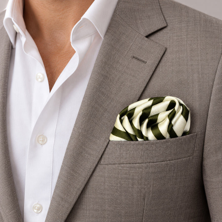 White & Green Stripes pocket square — light jacket · wearing detail.