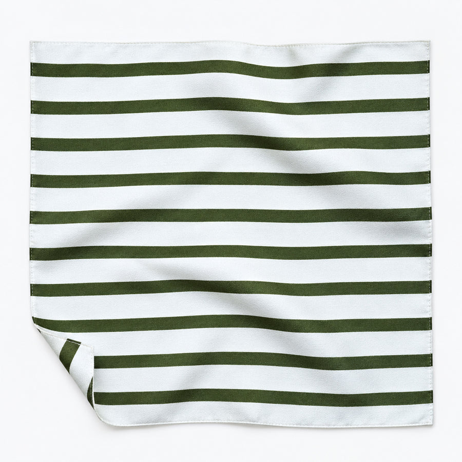 White & Green Stripes pocket square — unfolded studio detail.