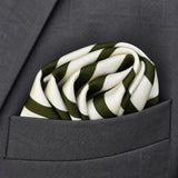 White & Green Stripes pocket square — close-up wearing detail.