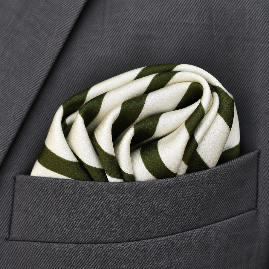 White & Green Stripes pocket square — close-up wearing detail.