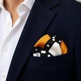 White Round Vector Design pocket square — navy jacket · wearing detail.