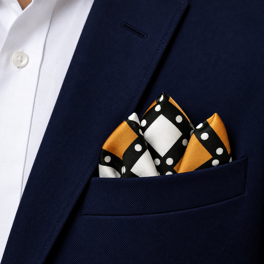 White Round Vector Design pocket square — navy jacket · alternate fold.