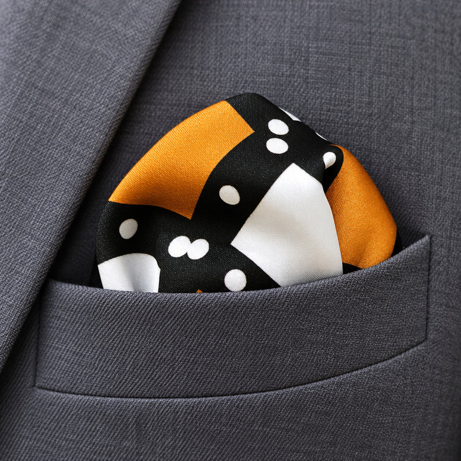 White Round Vector Design pocket square — close-up wearing detail.