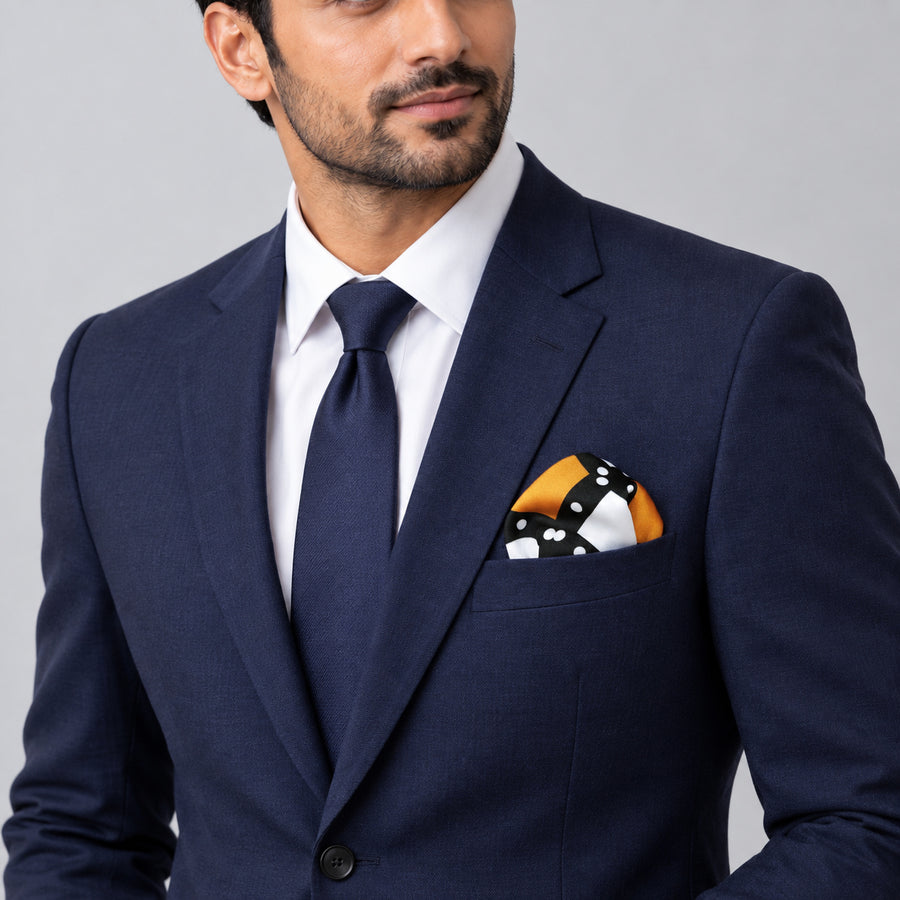 White Round Vector Design pocket square — formal model · navy and tie.