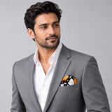 White Round Vector Design pocket square — model · light grey and open collar.