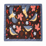 Winter Birds and Autumn Leaves pocket square — full flat product.