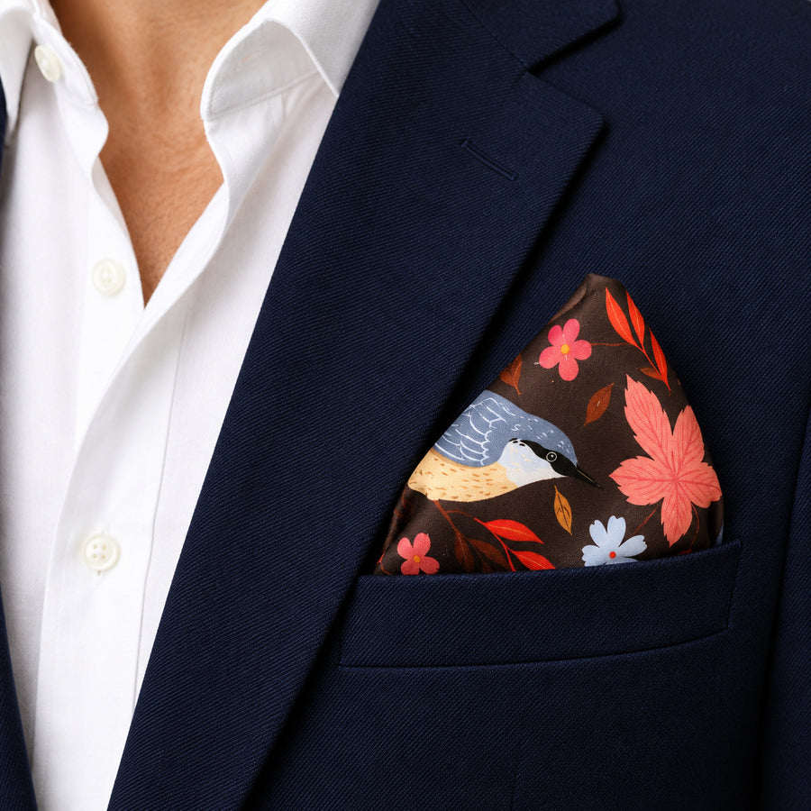 Winter Birds and Autumn Leaves pocket square — navy jacket · wearing detail.