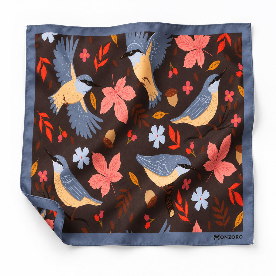 Winter Birds and Autumn Leaves pocket square — unfolded studio detail.