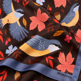 Winter Birds and Autumn Leaves pocket square — fabric and design close-up.