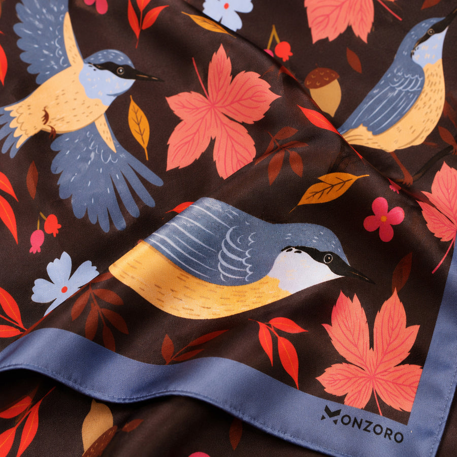 Winter Birds and Autumn Leaves pocket square — fabric and design close-up.