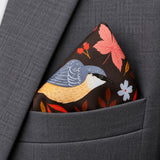 Winter Birds and Autumn Leaves pocket square — close-up wearing detail.