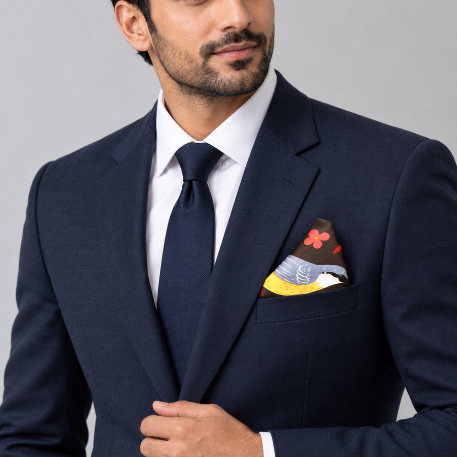 Winter Birds and Autumn Leaves pocket square — formal model · navy and tie.