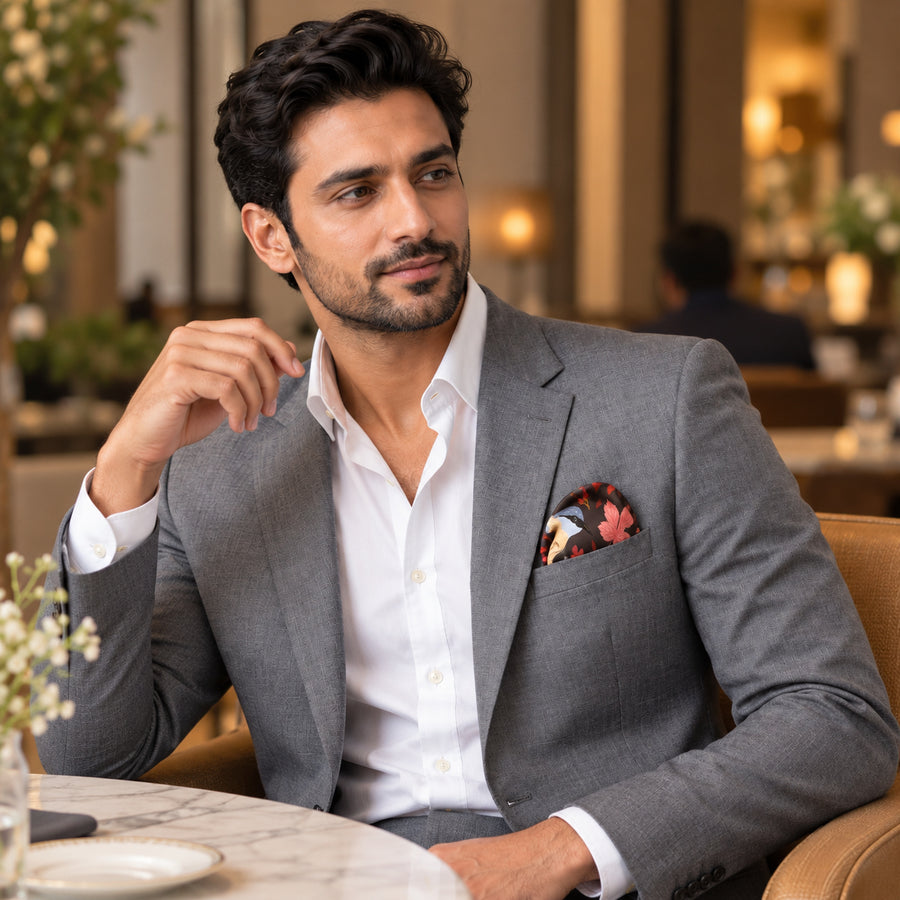 Winter Birds and Autumn Leaves pocket square — restaurant lifestyle.