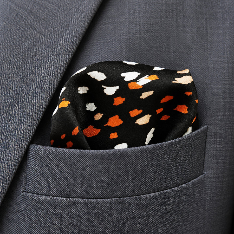 Winter Black Pattern pocket square — close-up wearing detail.