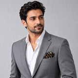 Winter Black Pattern pocket square — model · light grey and open collar.
