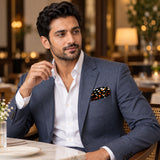 Winter Black Pattern pocket square — restaurant lifestyle.