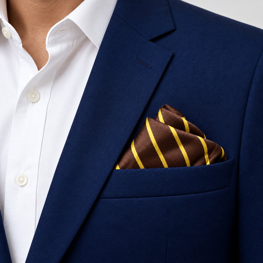 Yellow Cane Hazel pocket square — navy jacket · wearing detail.