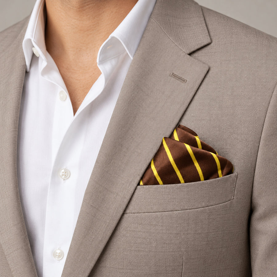 Yellow Cane Hazel pocket square — light jacket · wearing detail.