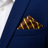 Yellow Cane Hazel pocket square — navy jacket · alternate fold.
