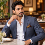 Yellow Cane Hazel pocket square — restaurant lifestyle.