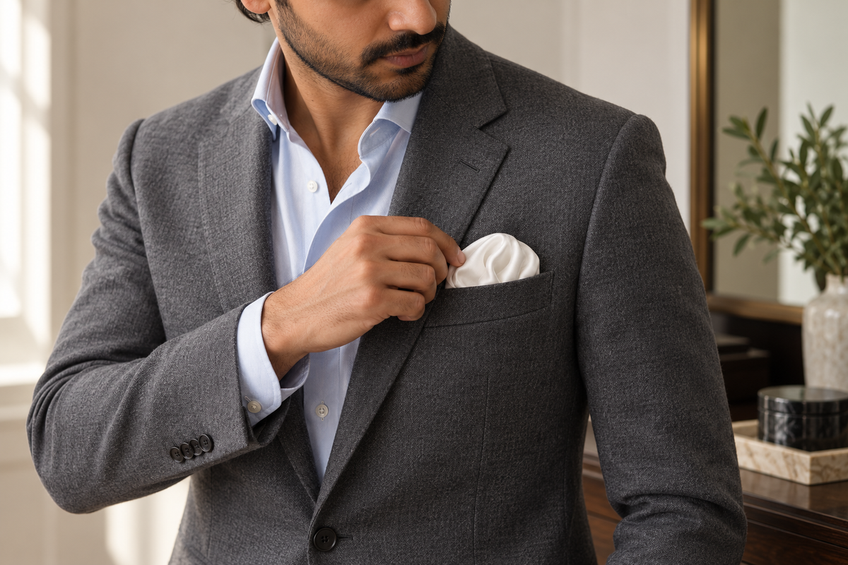 A man gently adjusts a white pocket-square puff in a grey blazer.
