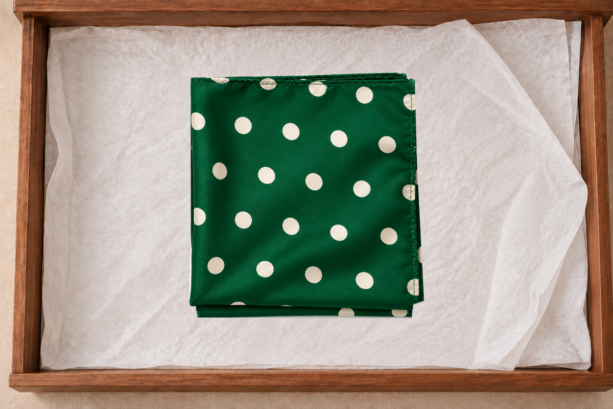 Folded Hunter Green Polka Dot Silk Pocket Square lying flat in a lined wooden drawer.