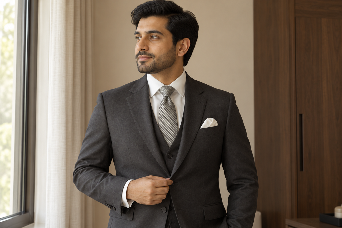 Groom in a plain charcoal three-piece suit with a silver-grey fine-striped tie and white pocket square by a window.