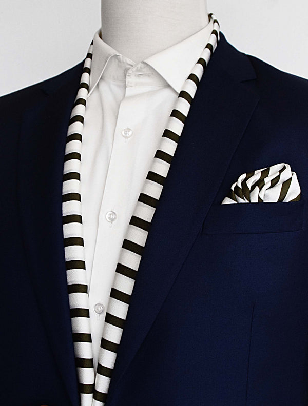 White & Green Stripes Silk Scarf & Pocket Square Set