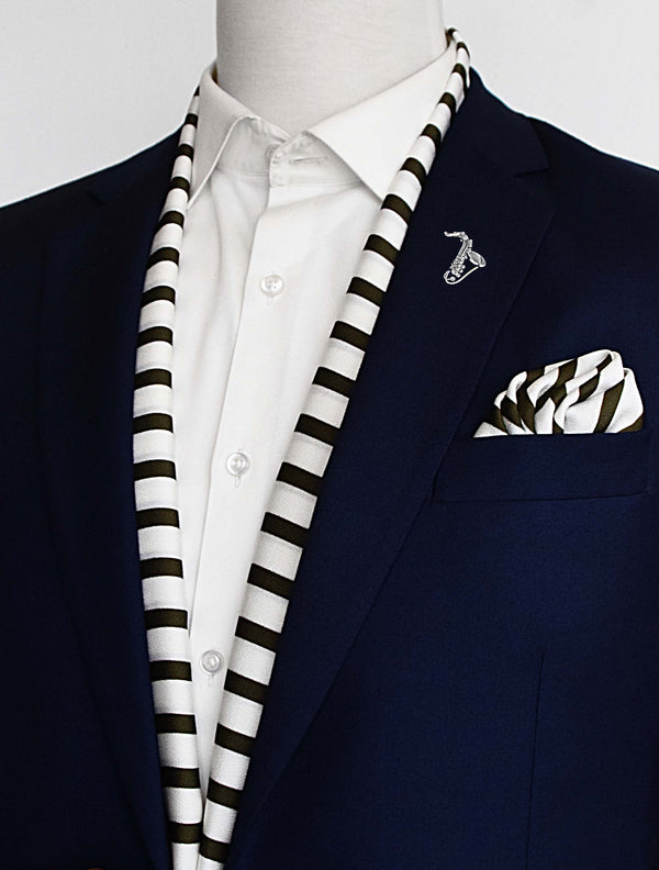 White & Green Stripes Silk Scarf Set