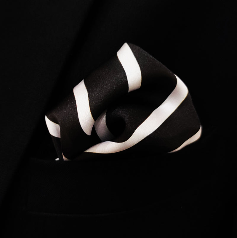 Black with White Stripes - Silk Mens Pocket Squares